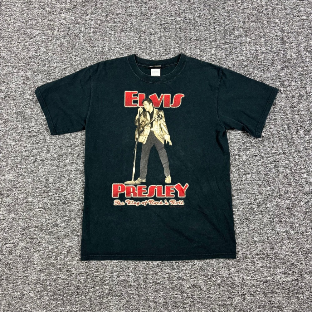 Y2K Liquid Blue Elvis Presley Rockabilly Black Graphic T-Shirt Mens Medium